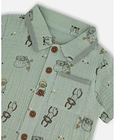 Deux par Deux Baby Boys Printed Muslin Shirt And Short Set Sage Monkey