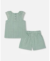 Deux par Big Girls Chambray Blouse And Short Set Mint Green Striped