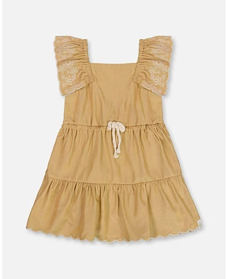 Deux par Big Girls Chambray Dress With Embroidery Golden Beige