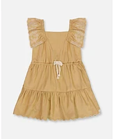 Deux par Big Girls Chambray Dress With Embroidery Golden Beige