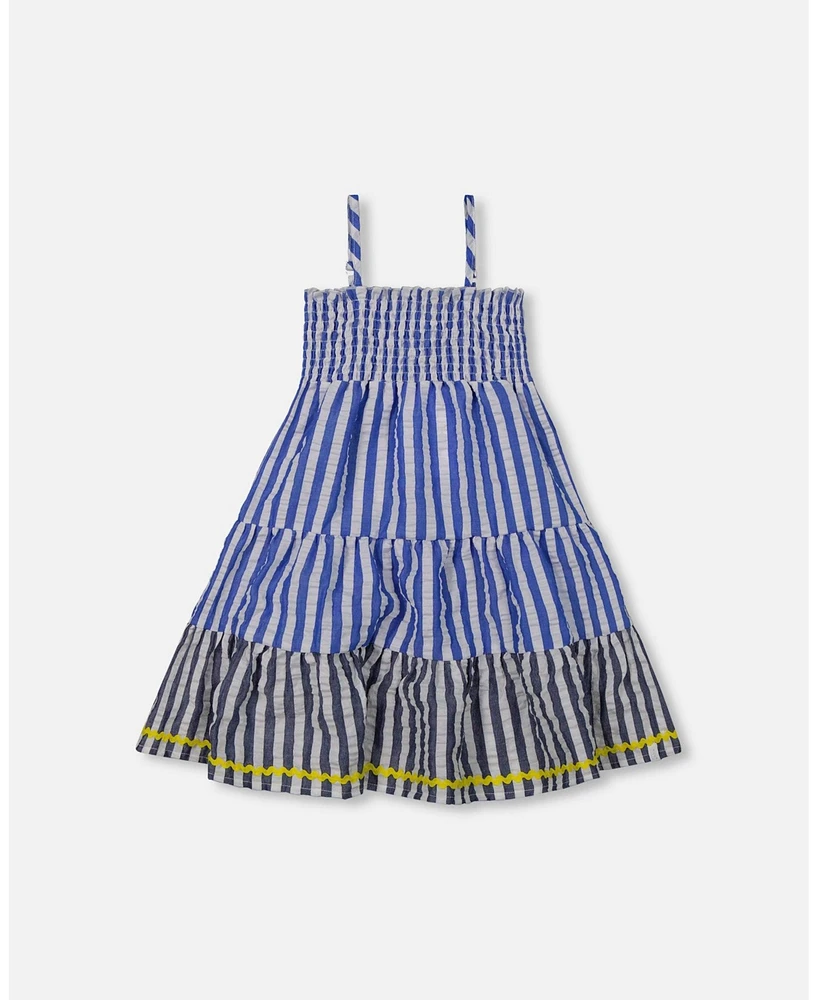 Deux par Big Girls Smocked Seersucker Peasant Dress Blue And White Striped