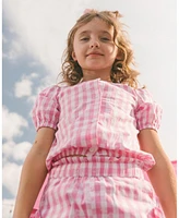 Deux par Big Girls Puff Sleeve Top Pink And White Checks