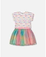 Deux par Big Girls Bi-Material Dress With Mesh Skirt Multicolored Tie Dye And White