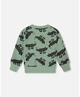 Deux par Toddler Boys Printed Pullover French Terry Sweatshirt Gray Wolf On Teal Background - Toddler|Child