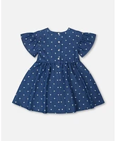 Deux par Big Girls Printed Chambray Dress Navy Blue And White Hearts