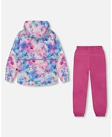 Deux par Big Girls Printed Jacket Two-Piece Mid-Season Outerwear Set Butterflies On Multicolored And Vibrant Pink Background