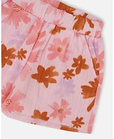 Deux par Toddler Girls Printed Tank Top And Short Muslin Set With Frills Pink Coral Flowers - Toddler|Child