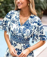 Women's Blue Floral V-Neck Short Sleeve Mini Beach Dress