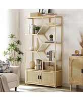 Stylish Rattan Bookshelf with 7 Shelves and Storage Cabinet