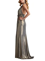 Tadashi Shoji Women's Mona Pleated Metallic Halter Gown