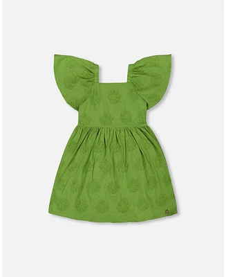 Deux par Big Girls Frill Sleeve Dress With Embroidery Green