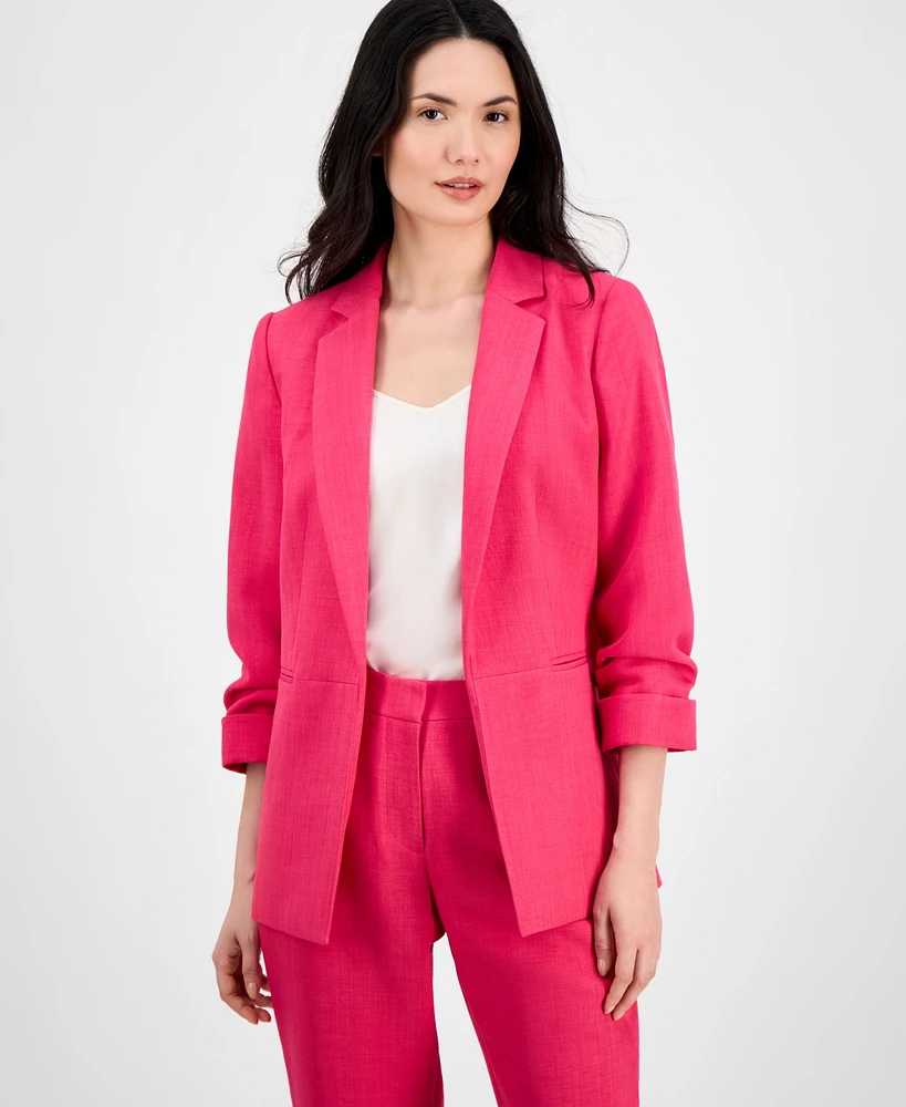T Tahari Women's Ruched-Sleeve Open-Front Blazer