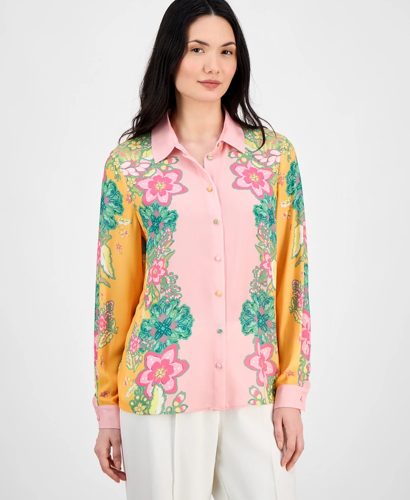 T Tahari Women's Printed Button-Front Long-Sleeve Shirt