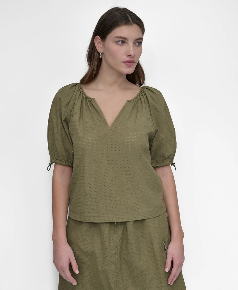 Dkny Women's Bungee-Sleeve Perforated Tech Top