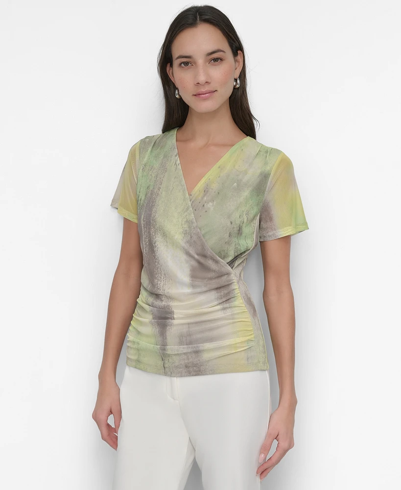 Dkny Women's Printed Surplice-Neck Short-Sleeve Mesh Top
