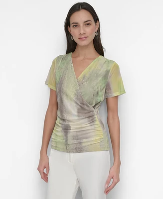 Dkny Women's Printed Surplice-Neck Short-Sleeve Mesh Top
