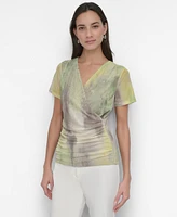 Dkny Women's Printed Surplice-Neck Short-Sleeve Mesh Top