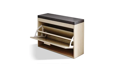 Rattan Shoe Cabinet with Flip-Drawer and Comfortable Seat Cushion