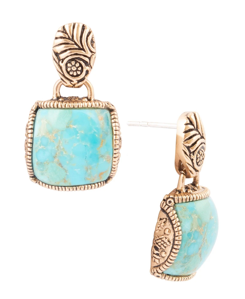 Barse Carved Blue Turquoise Golden Square Drop Earrings