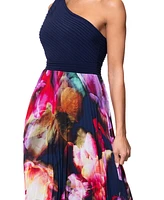 Xscape Petite Printed One-Shoulder Gown