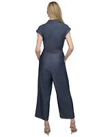 Dkny Women's Point Collar Tie-Waist Chambray Jumpsuit