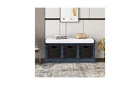 Rustic Storage Bench with 3 Removable Classic Rattan Basket , Entryway Bench Storage Bench with Removable Cushion