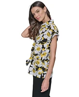 Karl Lagerfeld Paris Women's Printed Asymmetrical Button-Front Top