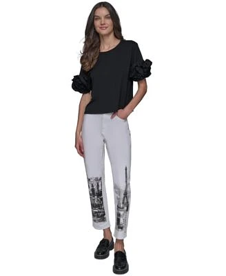Karl Lagerfeld Paris Womens 3d Floral Sleeve Top Paris Scene Straight Leg Jeans