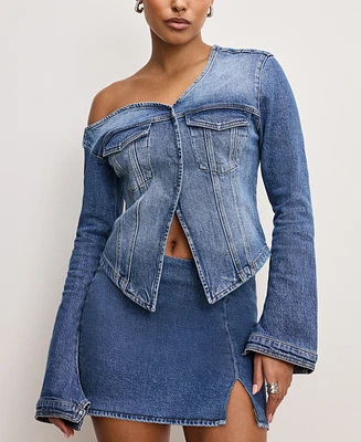 Good American Women's Asymmetric-Neck Denim Shirt