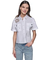 Karl Lagerfeld Paris Women's Poplin Embellished Button-Front Top