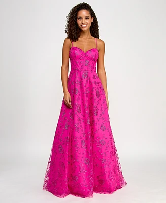 B Darlin Juniors' Floral Glitter Sweetheart Sleeveless Gown