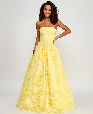 Say Yes Juniors' Ruffled Rosette Strapless Ball Gown, Created for Macy's