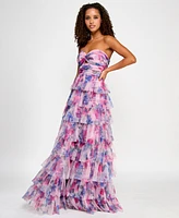 Bcx Juniors' Floral Print Ruffled Strapless Gown