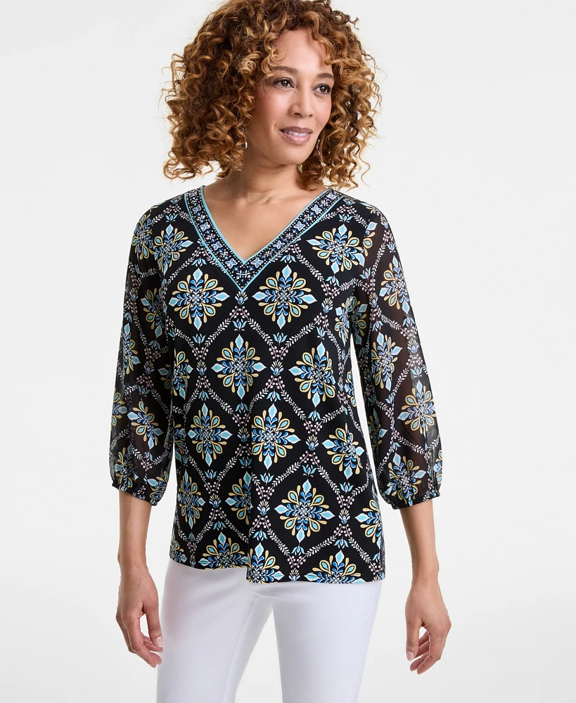 Jm Collection Women's Embellished V-Neck 3/4-Sleeve Top, Exclusively at Macy's