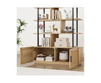 5 Tier Rattan Bookshelf with Storage Cabinet & Door, 71.1 Inch Tall Industrial Book Shelf with Open Display Shelves, 5 Shelf Bookcase with Metal Frame