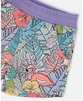 Deux par Toddler Girls Printed French Terry Short Lilac Tropical And Pink Flamingos - Toddler|Child