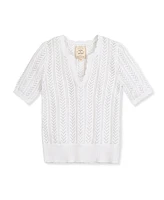 Hope & Henry Women's Organic Cotton Short Sleeve V-Neck Pointelle Sweater Top