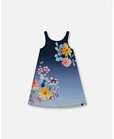 Deux par Girl Printed Beach Dress Yellow, Pink Flowers On Navy Blue Background - Toddler|Child