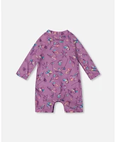 Deux par Girl Printed Long Sleeve One-Piece Rashguard Old Mauve And Multicolored Butterflies - Toddler|Child