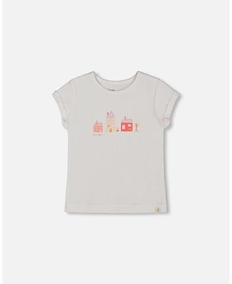 Deux par Toddler Girls Flat Back Rib Top With Print White And Pink House - Toddler|Child