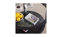 Rustic Round Coffee Table with Glass Top and Wooden Storage