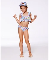 Deux par Girls Printed Two-Piece Swimsuit With Frills White, Pink, And Green Flowers