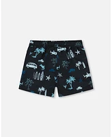 Deux par Boys Printed Swim Trunks Light Blue Beach On Black