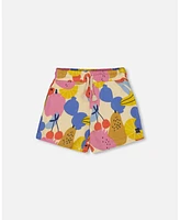 Deux par Big Girls Printed French Terry Short Fruits On Yellow Background