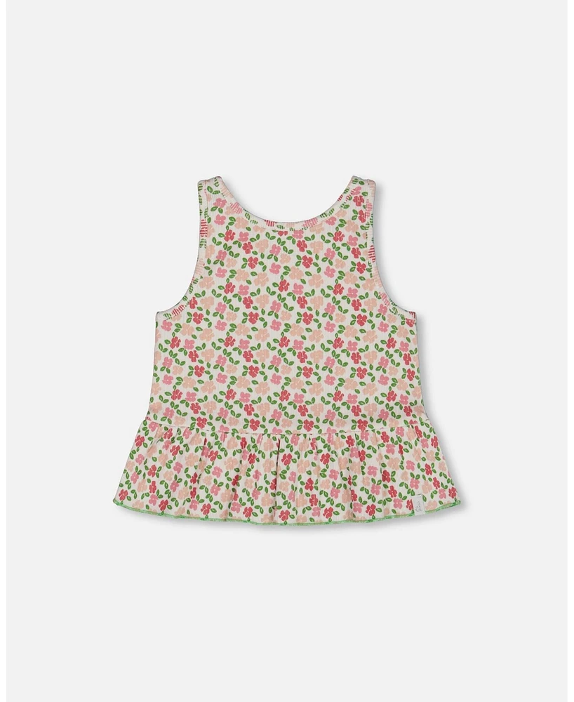 Deux par Big Girls Printed Tank Top With Flounce Small Flowers On White Background