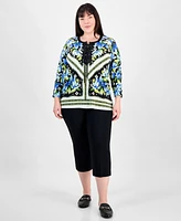 Jm Collection Plus Printed 3/4-Sleeve Top, Exclusively at Macy's