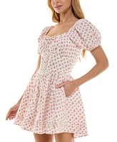 Row A Juniors' Floral Print Cotton Puff-Sleeve Fit & Flare Dress