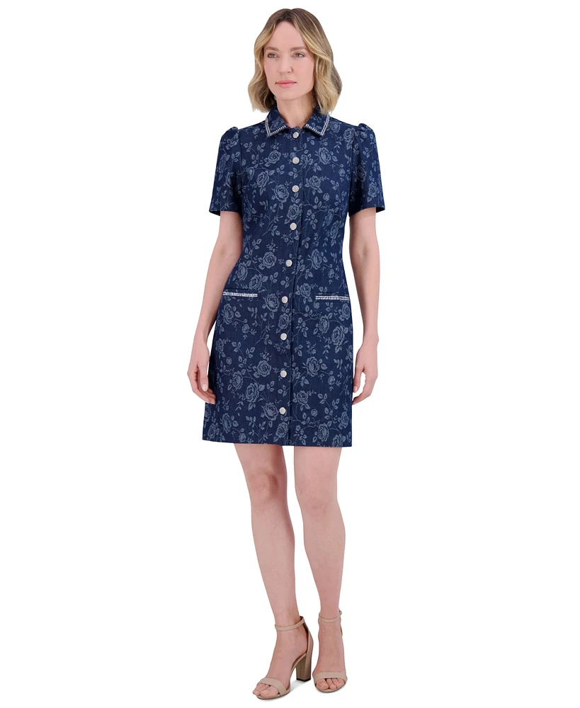 Eliza J Petite Floral Print Puff-Sleeve Denim Shirt Dress