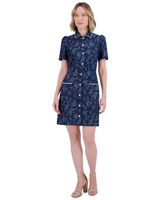 Eliza J Petite Floral Print Puff-Sleeve Denim Shirt Dress