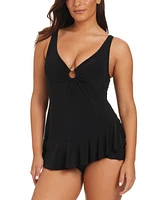 Beyond Control Women's Solid Essentials O-Ring Ruffled Swim Dress